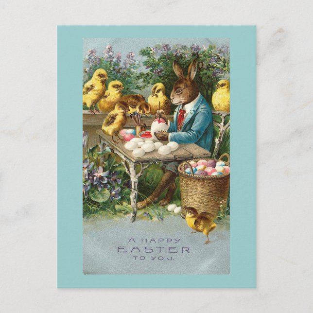 Bunny Painting Ostereier Vintag Feiertagspostkarte (Vorderseite)