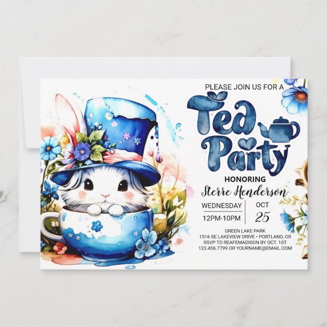 Bunny Par Tea Watercolor Babydusche Einladung (Vorderseite)