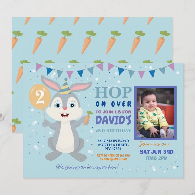 Bunny Party Anniversaire Lapin Photo Invitation de (Devant / Derrière)