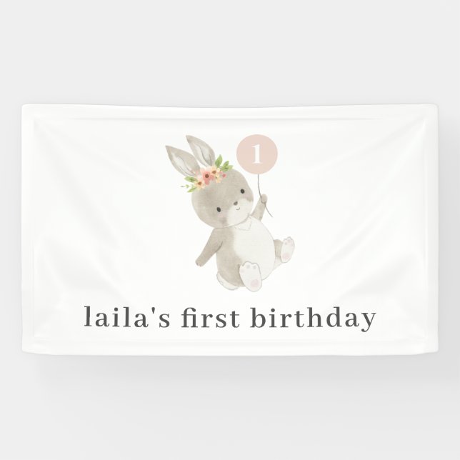 Bunny Pink Balloon 1. Geburtstag Banner (Horizontal)