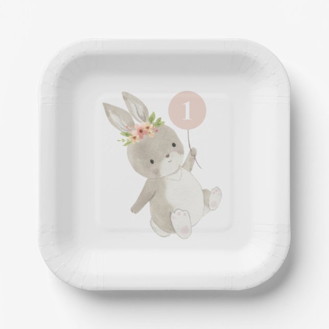 Bunny Pink Balloon 1. Geburtstag Pappteller (Vorderseite)