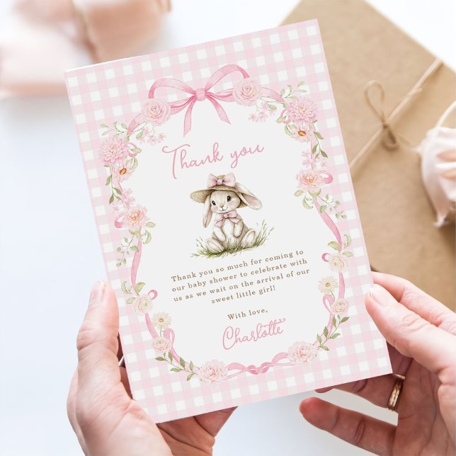 Bunny Pink Bow Gingham Baby Shower Dankeskarte (Von Creator hochgeladen)
