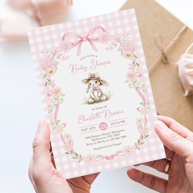 Bunny Pink Bow Gingham Baby Shower Einladung (Von Creator hochgeladen)