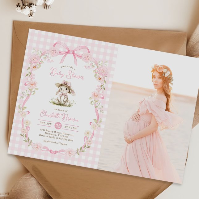 Bunny Pink Bow Gingham Baby Shower Photo Einladung (Von Creator hochgeladen)