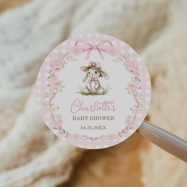 Bunny Pink Bow Gingham Baby Shower Runder Aufkleber (Von Creator hochgeladen)