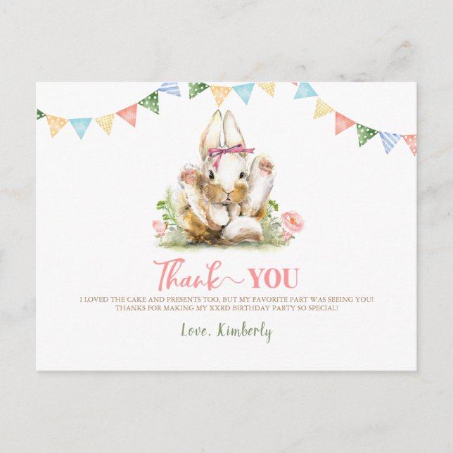 Bunny Pink Floral Geburtstag Vielen Dank Postkarte (Vorderseite)