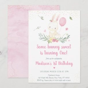 Bunny Pink Gold Floral Girl Invitation Anniversair