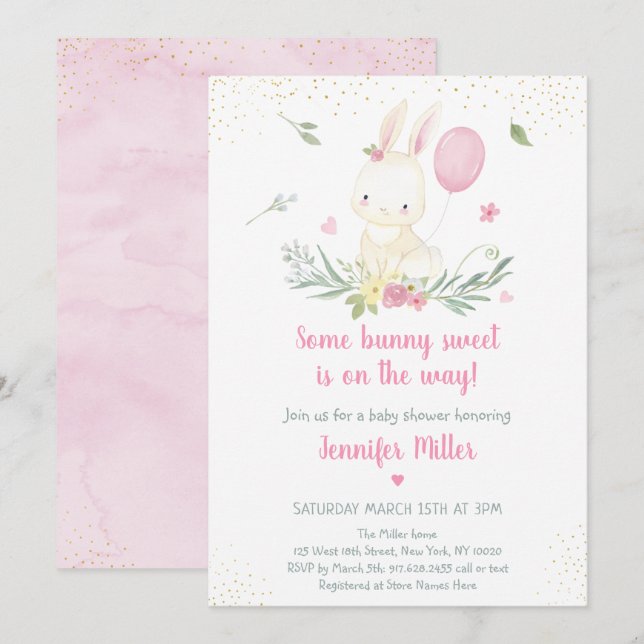 Bunny Pink Gold Floral Girl Kinderdusche Einladung (Vorne/Hinten)
