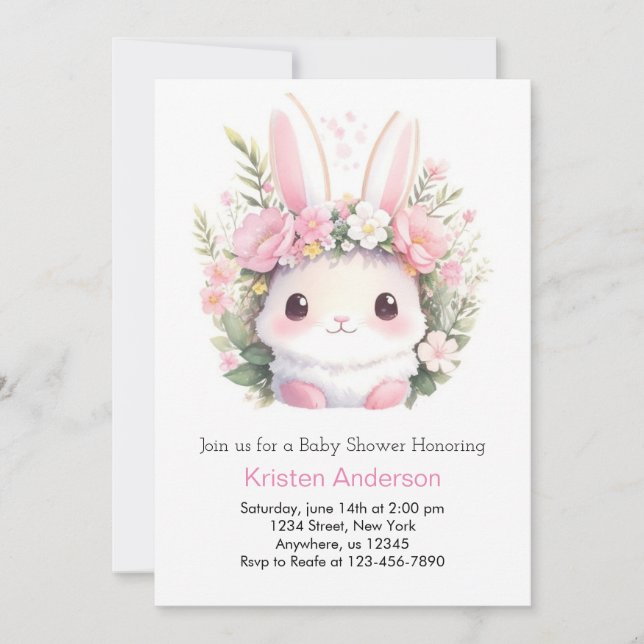 Bunny Pink Meadow Blissful Girl Baby Dusche Einladung (Vorderseite)