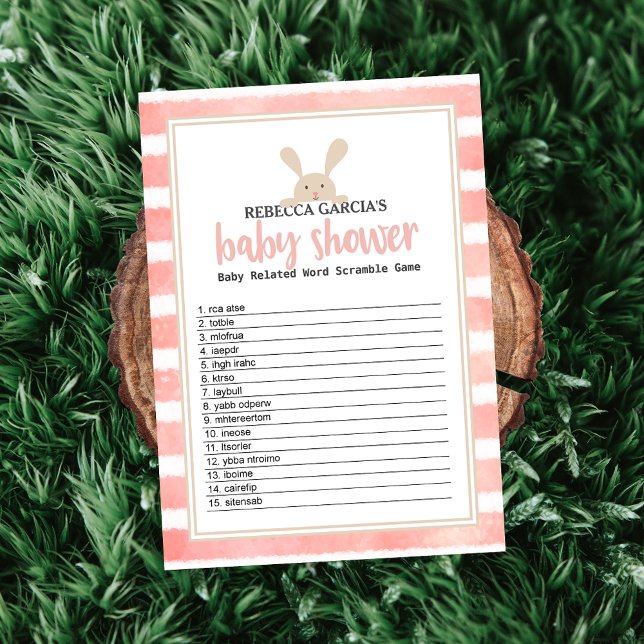 Bunny Pink Stripe Baby Dusche Word Scramble Spiel Einladung (Von Creator hochgeladen)