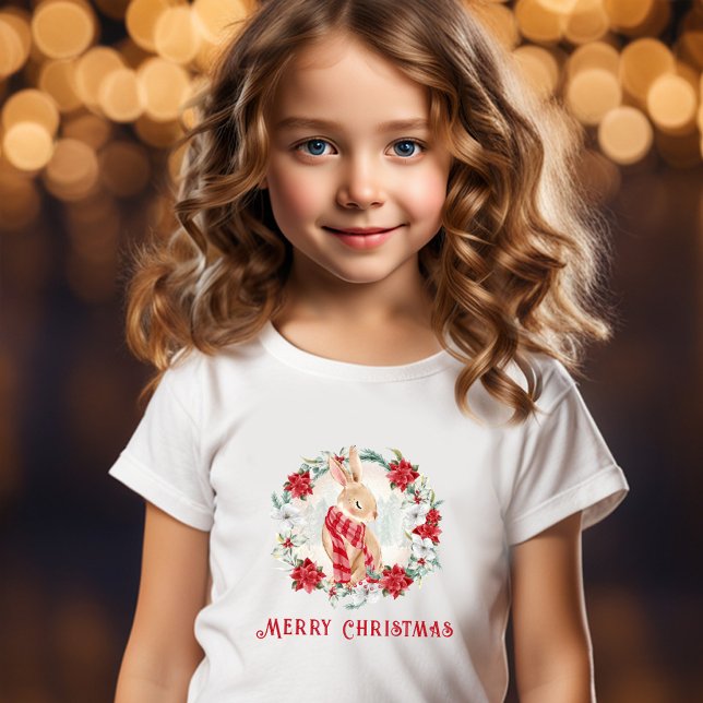 Bunny Poinsettia Watercolor Giro T-Shirt (Bunny Poinsettia Watercolor Girl Christmas T-Shirt)