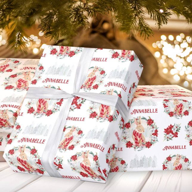 Bunny Poinsettia Watercolor Name Weihnachten Geschenkpapier (Bunny Poinsettia Watercolor Name Christmas Wrapping Paper)