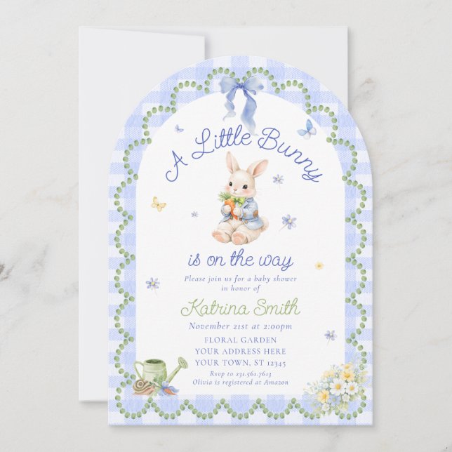 Bunny Pretty Rabbit Gingham Baby Shower Invitation (Devant)