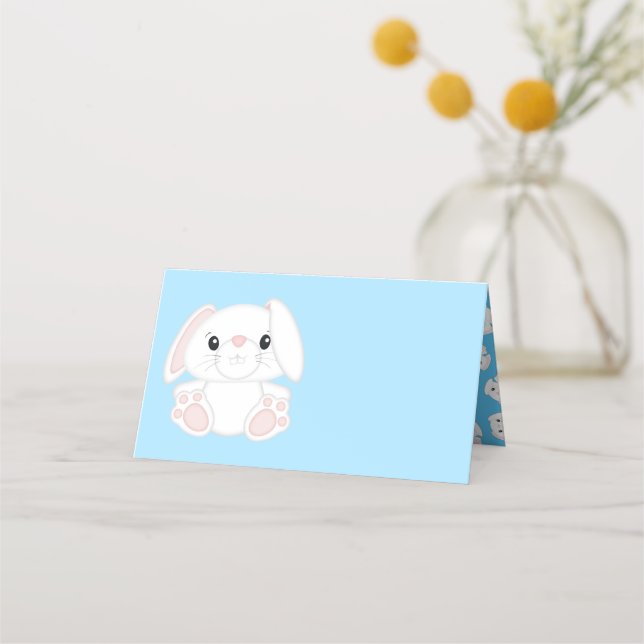 Bunny Rabbit Baby Dusche Blau Platzkarte (Vorderseite)