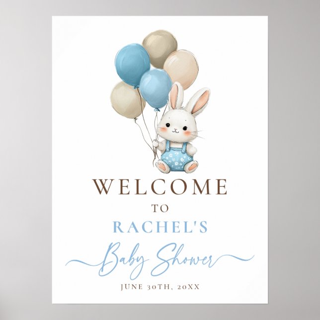 Bunny Rabbit Balloon Blue Baby Boy Dusche Willkomm Poster (Vorne)