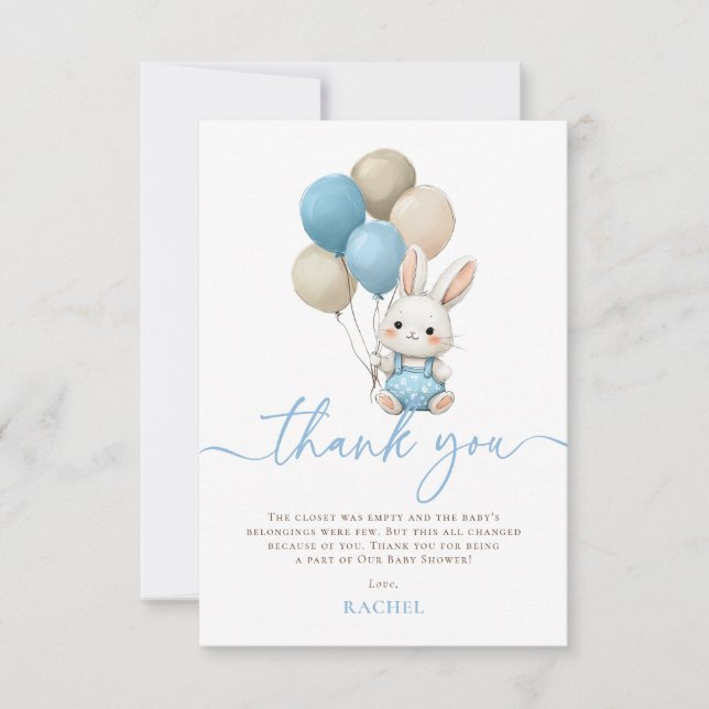 Bunny Rabbit Balloons Blue Boy Baby Dusche Dankeskarte (Vorderseite)