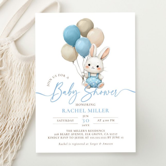 Bunny Rabbit Balloons Blue Boy Baby Dusche Einladung (Von Creator hochgeladen)