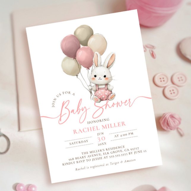 Bunny Rabbit Balloons Pink Girl Baby Dusche Einladung (Von Creator hochgeladen)