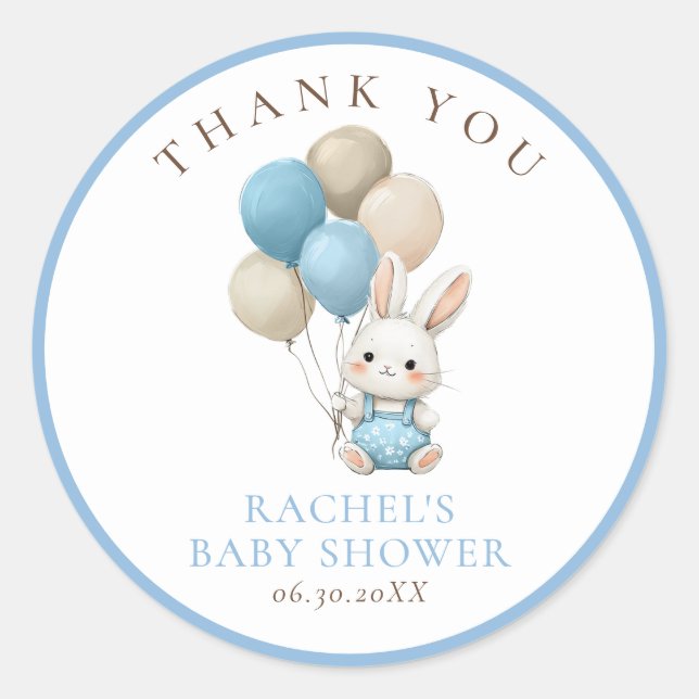 Bunny Rabbit Blue Balloons | Jungen Babyparty Runder Aufkleber (Vorderseite)