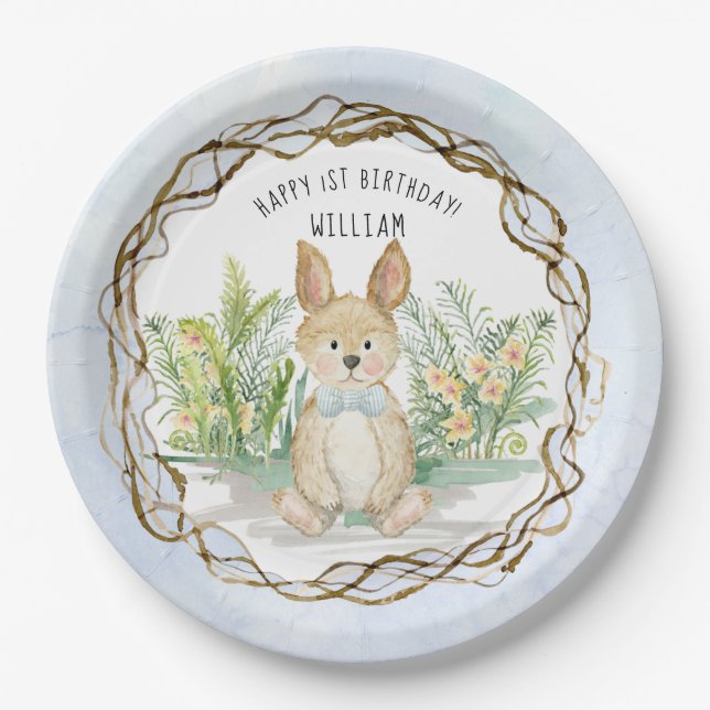 Bunny Rabbit Bow Krawatte Watercolor Boy 1. Geburt Pappteller (Vorderseite)