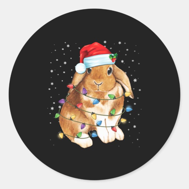 Bunny Rabbit Christmas Lights Santa Hat Funny Xmas Runder Aufkleber (Vorderseite)
