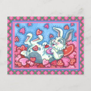 BUNNY RABBIT & COLORFUL HERZEN REGENWERTE FEIERTAGSPOSTKARTE