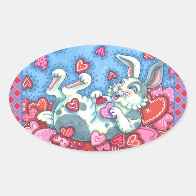 BUNNY RABBIT & COLORFUL HERZEN REGENWERTE OVALER AUFKLEBER (Vorderseite)