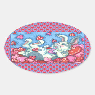 BUNNY RABBIT & COLORFUL HERZEN REGENWERTE OVALER AUFKLEBER