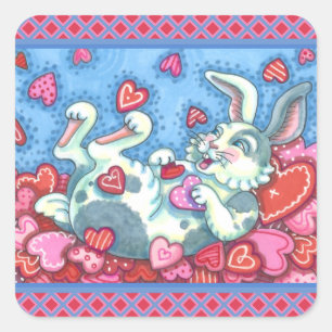 BUNNY RABBIT & COLORFUL HERZEN REGENWERTE QUADRATISCHER AUFKLEBER