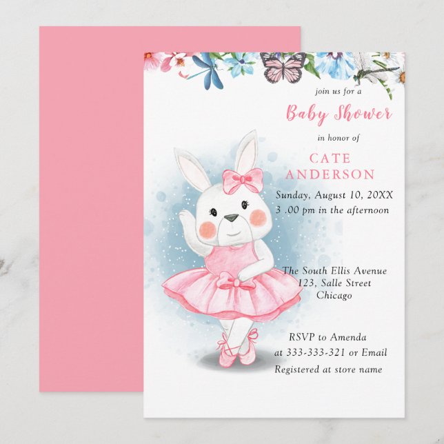Bunny Rabbit Dancing Ballerina Babydusche Einladung (Vorne/Hinten)