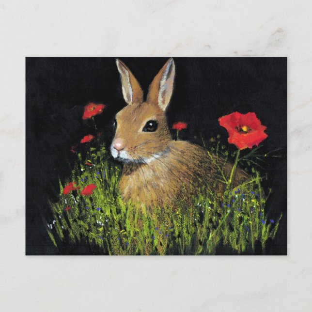 BUNNY RABBIT IM ÖLPASTEL AUF SCHWARZ POSTKARTE (Vorderseite)
