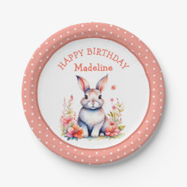 Bunny Rabbit in Blume Happy Birthday Personalize Pappteller