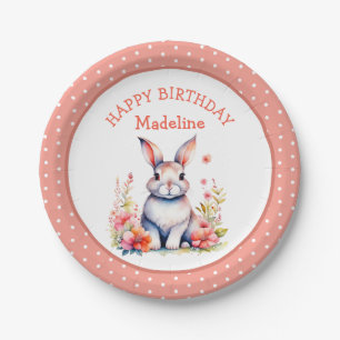 Bunny Rabbit in Blume Happy Birthday Personalize Pappteller