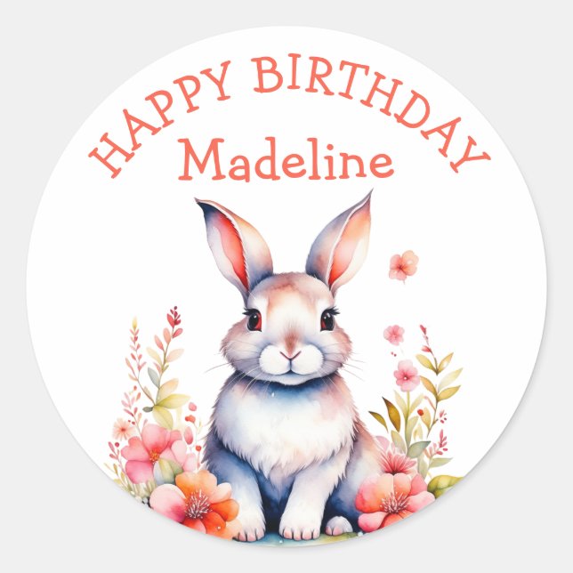 Bunny Rabbit in Blume Happy Birthday Personalize Runder Aufkleber (Vorderseite)