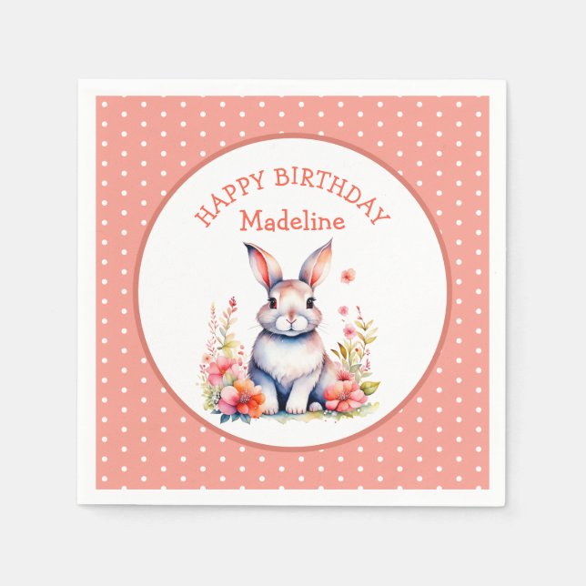 Bunny Rabbit in Blume Happy Birthday Personalize Serviette (Vorderseite)