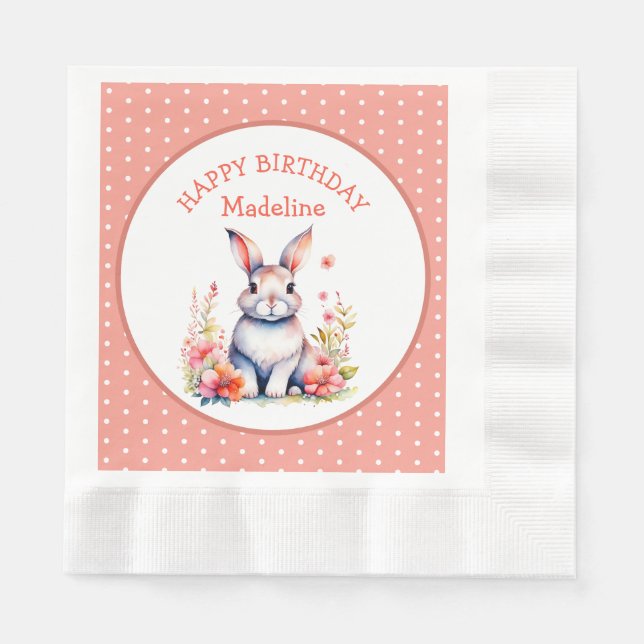 Bunny Rabbit in Blume Happy Birthday Personalize Serviette (Vorderseite)