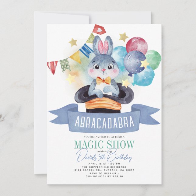 Bunny Rabbit Magician Magician Show Boy Geburtstag Einladung (Vorderseite)