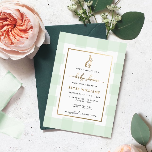 Bunny Rabbit Mint Gingham Baby Showfoil Einladung (Von Creator hochgeladen)