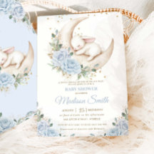 Bunny Rabbit Moon Soft Blue Floral Boy Baby Dusche