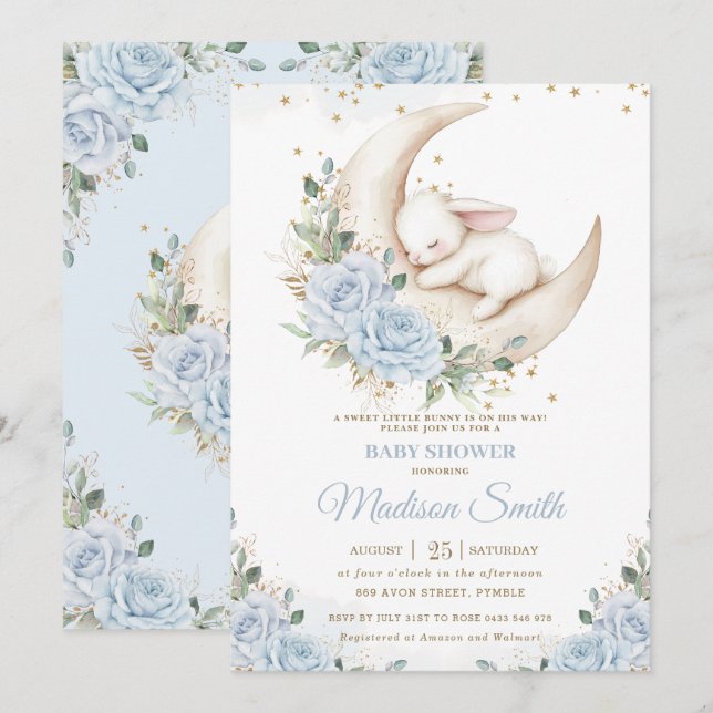 Bunny Rabbit Moon Soft Blue Floral Boy Baby Dusche Einladung (Vorne/Hinten)