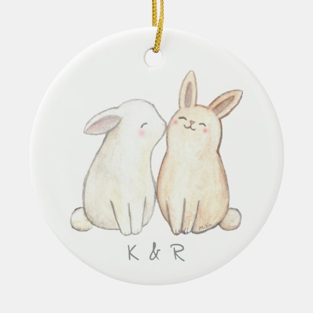 Bunny Rabbit Niedlich Couple Erste Weihnacht zusam Keramik Ornament (Vorne)