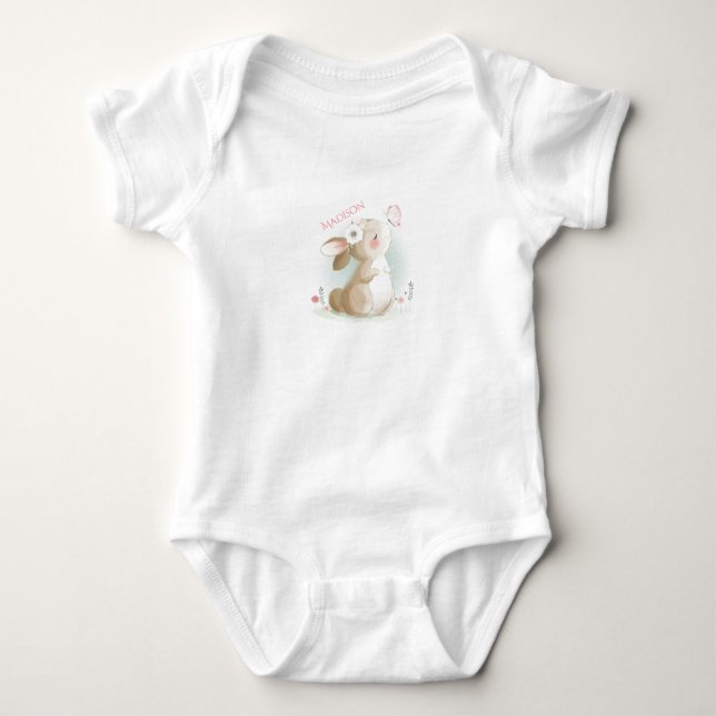 Bunny Rabbit Personalisiert Girl Pink Niedlich Baby Strampler (Vorderseite)