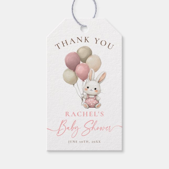 Bunny Rabbit Pink Balloons Girl Baby Dusche Geschenkanhänger (Vorderseite)