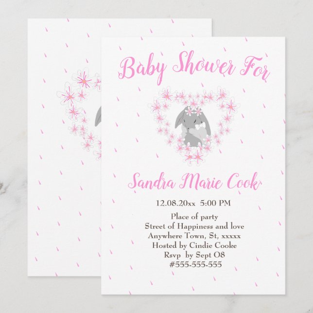 Bunny Rabbit Pink Girl Baby Dusche Einladung (Vorne/Hinten)
