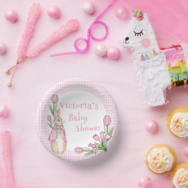 Bunny Rabbit Pink White Gingham Baby Dusche Pappteller (Party)