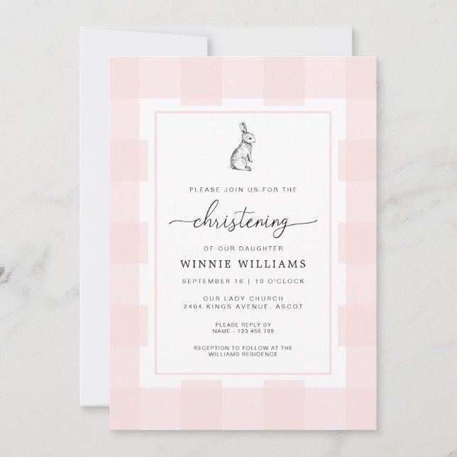 Bunny Rabbit rose En vichy Christening Invitation (Devant)