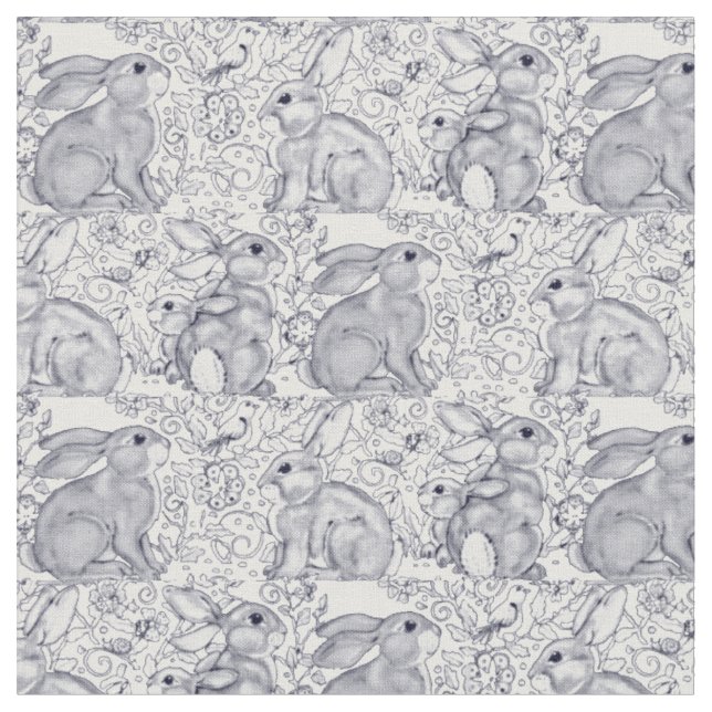 Bunny Rabbit Toile Muster Blau & Weiß Niedliche De Stoff (Nahaufnahme)