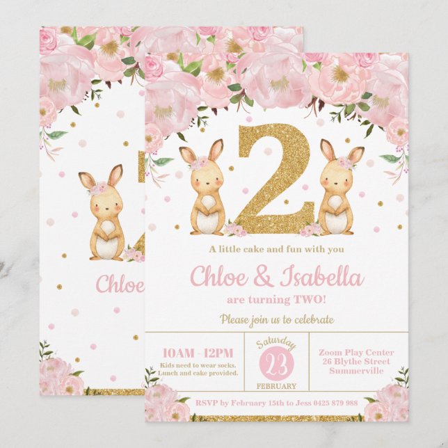 Bunny Rabbit Twin Girls 2. Geburtstag Twins Einladung (Vorne/Hinten)