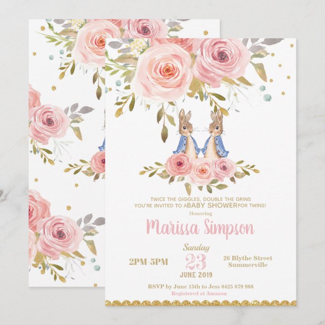 Bunny Rabbit Twin Girls Baby shower Invitation (Devant / Derrière)