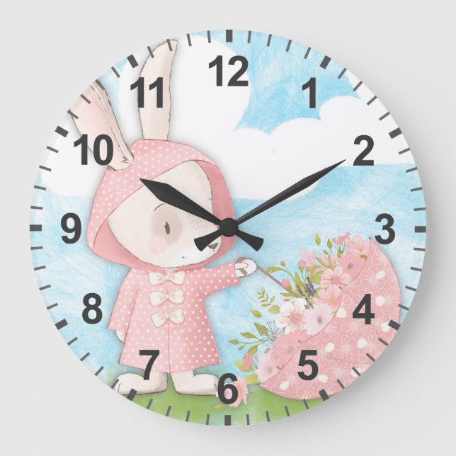 Bunny Rabbit Umbrella & Blume Große Wanduhr (Vorderseite)